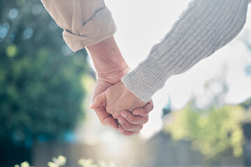 Canvas Print - Senior couple, holding hands and love in support, care or relationship in nature garden or park outdoors. Hand of elderly man and woman touching in loving romance, trust or partnership together