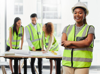 Poster - Architecture, woman portrait and arms crossed in office planning, team leadership or project management. Engineering, floor plan and happy african person, contractor or leader in building development