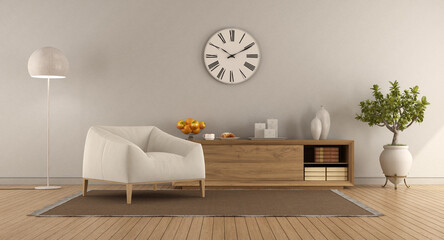 Fototapete - Modern living room with wooden sideboard