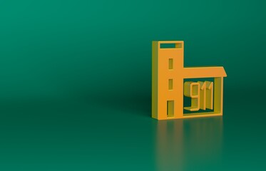 Sticker - Orange Building of fire station icon isolated on green background. Fire department building. Minimalism concept. 3D render illustration