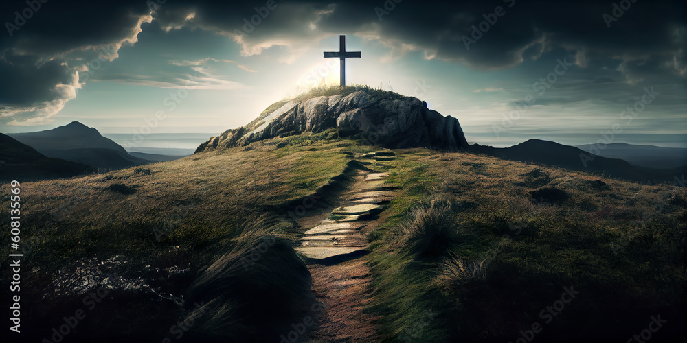 Wooden Cross On Hilltop With Dramatic Cloudy Sky In Green Landscape ...