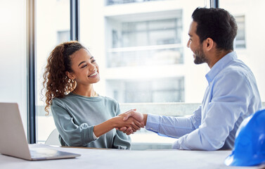 Poster - Handshake, construction worker and woman or partner for business success, partnership or engineering deal in office. B2b, onboarding and architecture contractor or happy people shaking hands for job