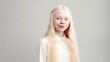 Smiling albino girl portrait in white shirt on solid white background, little girl with albinism portrait, girl with absence of pigment in skin and hair, human albinism concept, generative AI