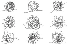 Set Of Random Chaotic Lines. Hand Drawing Insane Tangled Scribble Clew. Vector Icon Isolated On White Background.