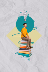 Poster - Vertical creative abstract photo collage of minded thoughtful deep thinking man sit on book lamp over head isolated white paper background