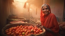 Old Indian Woman Sells Ripe Tomatoes In Local Market At Beautiful Sunlight, Rural Smiling Market Seller With Basket Of Red Tomatoes Welcome Customers, Happy Indian Woman Sells Tomatoes On Rural Market