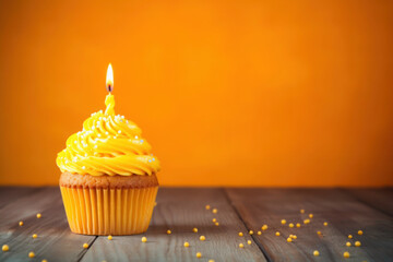 A yellow birthday party cupcake with one candle and confetti on yellow background. Generative AI