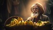 Old indian man sells bunch of bananas in local market at beautiful sunlight, old smiling market seller with bunch of bananas welcome customers, happy old indian man sells bananas on rural market