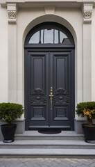 Wall Mural - Vintage gray front door with stained glass windows on the facade of a house with stairs and potted plants, AI generated