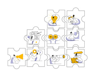Aufkleber - Various characters are doing business in the puzzle pieces. Vector illustration on the topic of interaction between departments and teamwork.