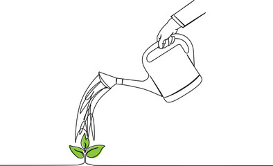 Wall Mural - continuous single line drawing of person watering small green plant with watering can, line art vector illustration