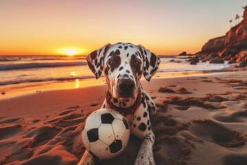 A Dalmatian dog playing with a soccer ball on the beach at sunset, with its head tilted to one side and tail curled up in an expression of joy and playfulness.