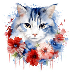  4th of July Floral Cat Sublimation, 4th of July Watercolor Cat Clipart. Red, Blue and White Watercolor Flowers.