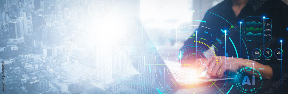 Programmer people working and touch virtual screen AI, artificial ...