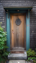 Wall Mural - Entrance rustic wooden door on the facade of a cozy country house or cottage. AI generated