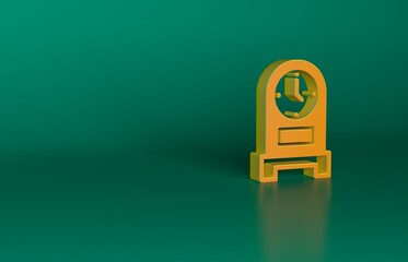 Wall Mural - Orange Antique clock icon isolated on green background. Minimalism concept. 3D render illustration