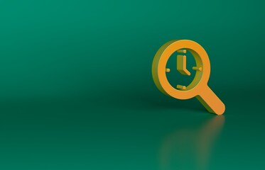 Canvas Print - Orange Magnifying glass with clock icon isolated on green background. Clock search. Minimalism concept. 3D render illustration