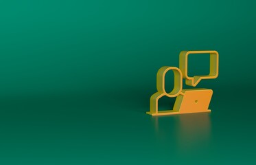 Canvas Print - Orange Freelancer icon isolated on green background. Freelancer man working on laptop at his house. Online working, distant job concept. Minimalism concept. 3D render illustration