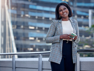 Lawyer portrait, phone and black woman in city, urban or outdoor balcony. Face, smartphone and happy female professional, entrepreneur or attorney from South Africa with success mindset for business.