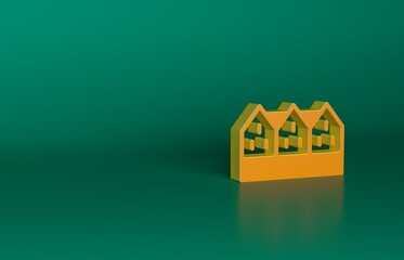 Wall Mural - Orange Icelandic wooden house icon isolated on green background. Architecture element of Iceland. Minimalism concept. 3D render illustration