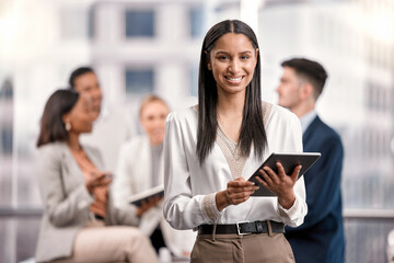 Aufkleber - Happy woman, leader and tablet outdoor for business with a smile for communication, networking and research. Portrait of female entrepreneur with tech, team and network connection for management