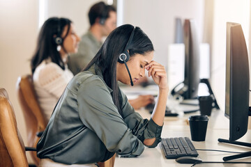 Aufkleber - Call center, stress and woman tired at computer for customer service, crm or telemarketing. Consultant or agent person with depression, headache and burnout for sales, contact us or help desk support