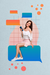 Poster - Creative abstract template graphics collage image of happy lady texting modern gadget empty space isolated colorful background