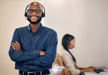 Poster - Call center, smile and black man with headset for customer service, crm or telemarketing support. Portrait of african person, consultant or agent with arms crossed for sales, contact us or help desk