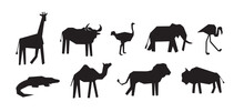 Abstract Safari Animals Set. Hand Drawn Silhouette Elephant, Lion, Crocodile, Giraffe And Camel. Set Of Contemporary Vector Illustration