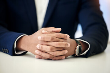 Poster - Interview, ready and hands of a businessman at work for a corporate job, recruitment or hr meeting. Professional, closeup and an employee sitting at a table with patience, waiting or working