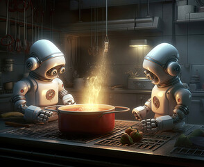 Robot assistant in the kitchen prepares food.