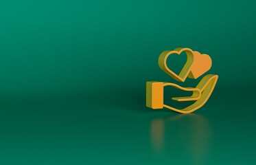 Poster - Orange Heart in hand icon isolated on green background. Hand giving love symbol. Valentines day symbol. Minimalism concept. 3D render illustration