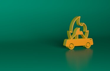 Sticker - Orange Burning car icon isolated on green background. Insurance concept. Car on fire. Broken auto covered with fire and smoke. Minimalism concept. 3D render illustration