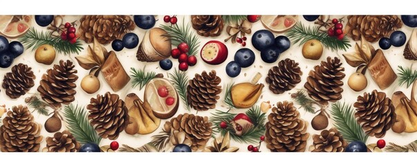 Seamless pattern with fir cone, holly leaves and berries. Ai generated