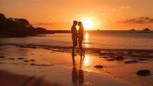 Couple In Love Standing On A Lonely Beach In The Sunset, Generative AI
