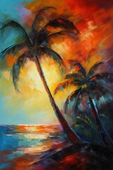 Wall Mural - a picture of two palm palms standing on a sandy beach. Generative AI