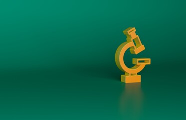 Poster - Orange Microscope icon isolated on green background. Chemistry, pharmaceutical instrument, microbiology magnifying tool. Minimalism concept. 3D render illustration