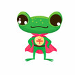 Cute little happy frog super hero, kids illustration, flat vector art