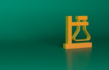 Sticker - Orange Glass test tube flask on stand icon isolated on green background. Laboratory equipment. Minimalism concept. 3D render illustration