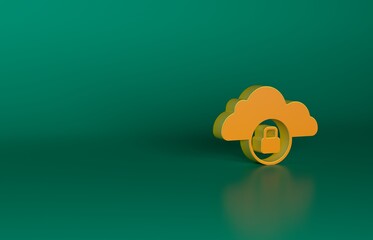 Poster - Orange Cloud computing lock icon isolated on green background. Security, safety, protection concept. Protection of personal data. Minimalism concept. 3D render illustration