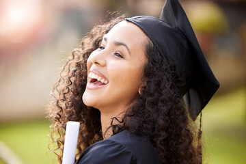 Sticker - University graduate, woman portrait and laugh with school achievement outdoor with smile and diploma. Female person, education certificate and campus with student and happiness from study success