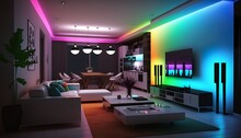 Modern Living Room Illuminated With Rgb LED Lights. Generative AI