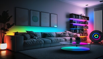 Modern living room illuminated with rgb LED lights. Generative AI