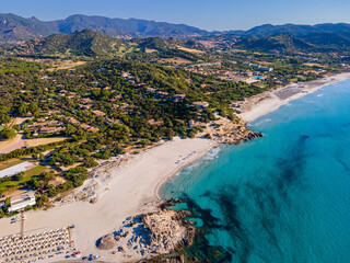 Aerial view of the beach of Time Ama, Villasimius, Sardinia, Italy