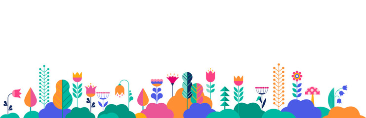 Wall Mural - colorful summer border in simple flat style with copy space for text - background with trees, plants