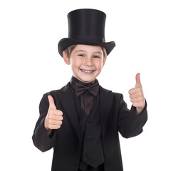 Child boy dressed as Magician showing thumbs up isolated on transparent background, Generative Ai	
