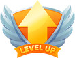 Game level up badge and win icon. Vector bonus rank reward emblem with golden raising arrow, wings and shield. Winner evaluation ui or gui app element, user interface rating achievement