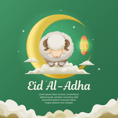 Wall Mural - Eid Al Adha Banner With Sacrifice Sheep On Top of Cloud Crescent Moon Lantern Background