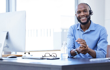 Poster - Black man, call center portrait and phone consultation with web support and mockup in office. Computer help, contact us and telemarketing job of a African male employee with communication at work