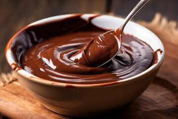 Melted chocolate in bowl on wooden table, Generative AI